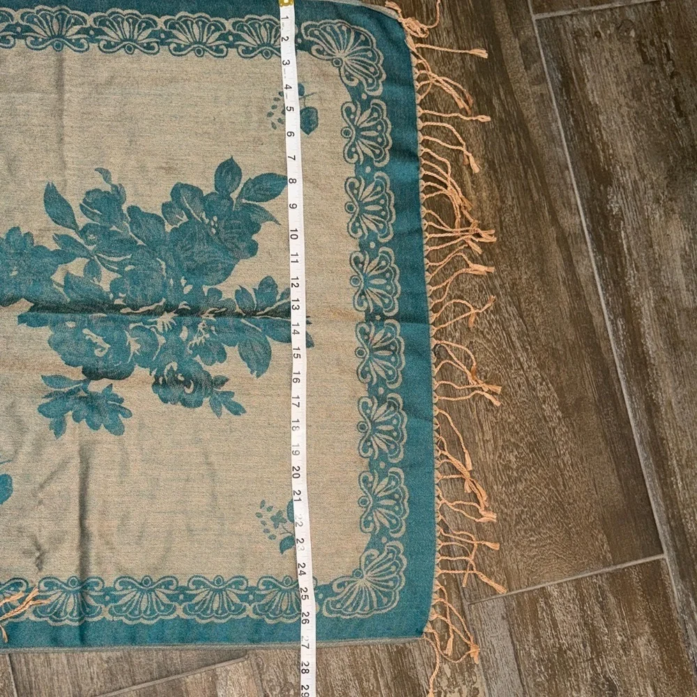 Cashmere Teal and Gold Floral Scarf with Fringe